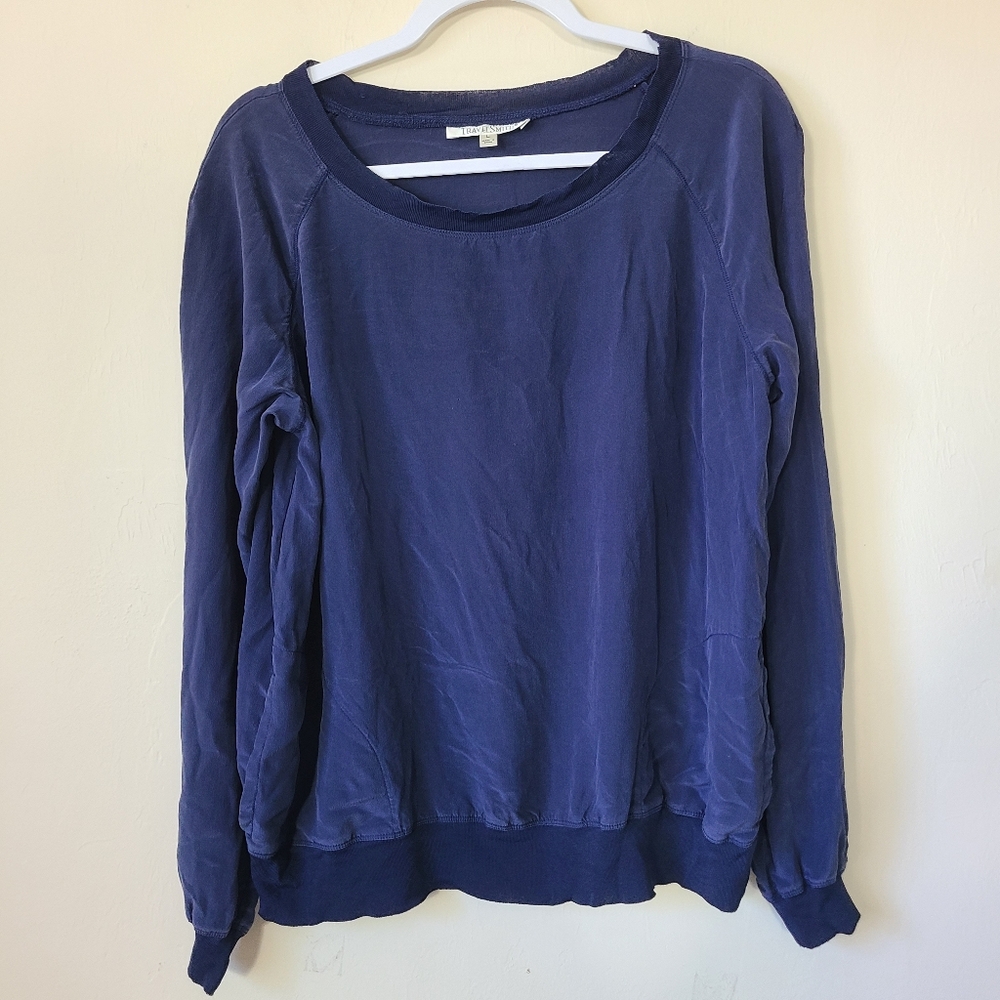 TravelSmith Silk Navy Long Sleeve Shirt With‎ Pockets Crewneck Womens Large